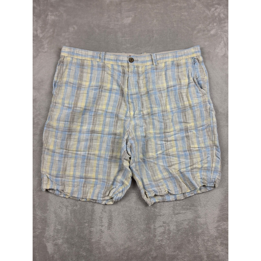 Tommy Bahama Shorts Mens 40 Blue Yellow Plaid Linen Tencel Blend Flat Front
